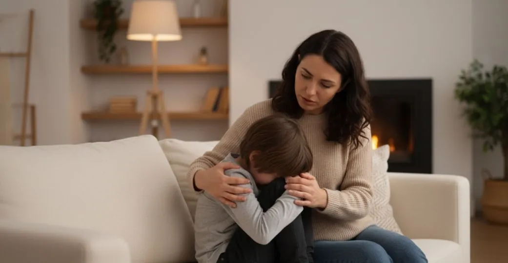 Ağlama krizi yaşayan erkek çocuğunu annesi teselli ediyor